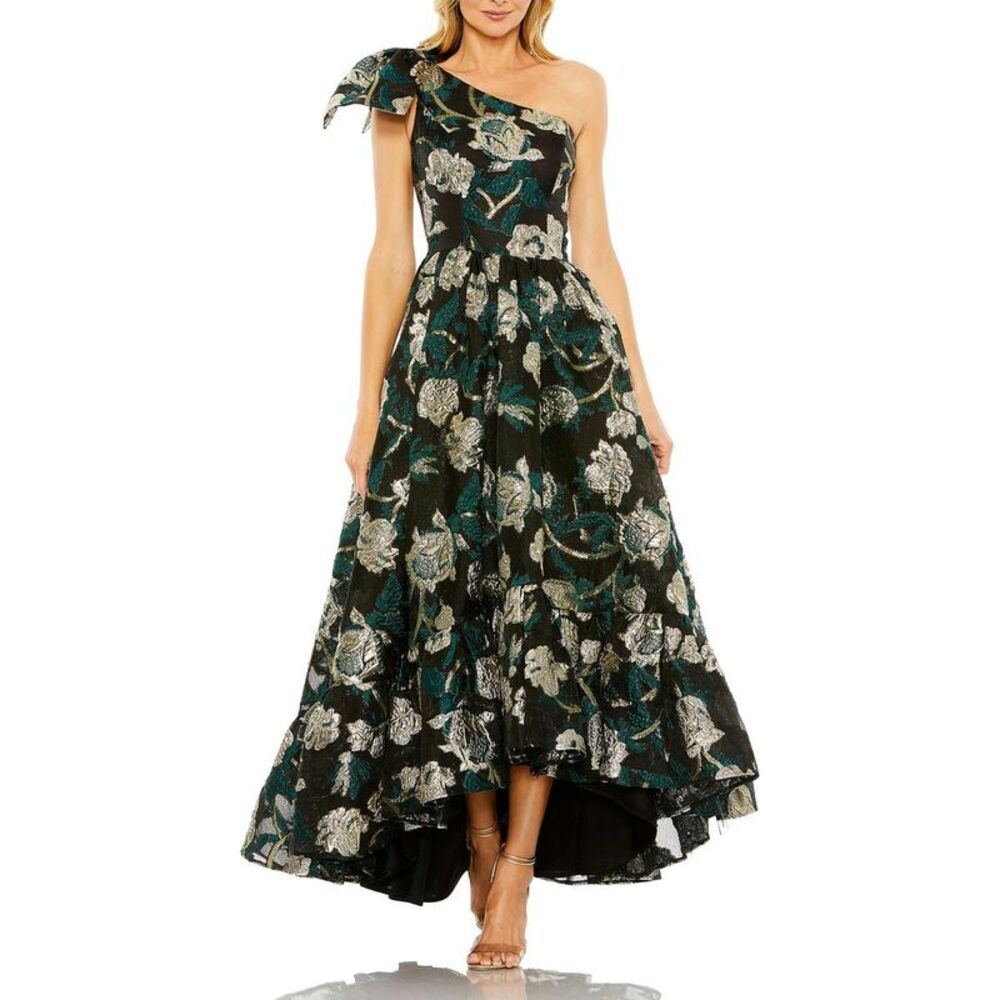 Mac Duggal Black One-Shoulder Floral High-Low Gown